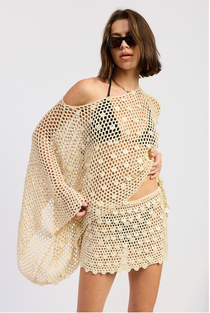 Seaside Oversized Shell Trim Crochet Poncho